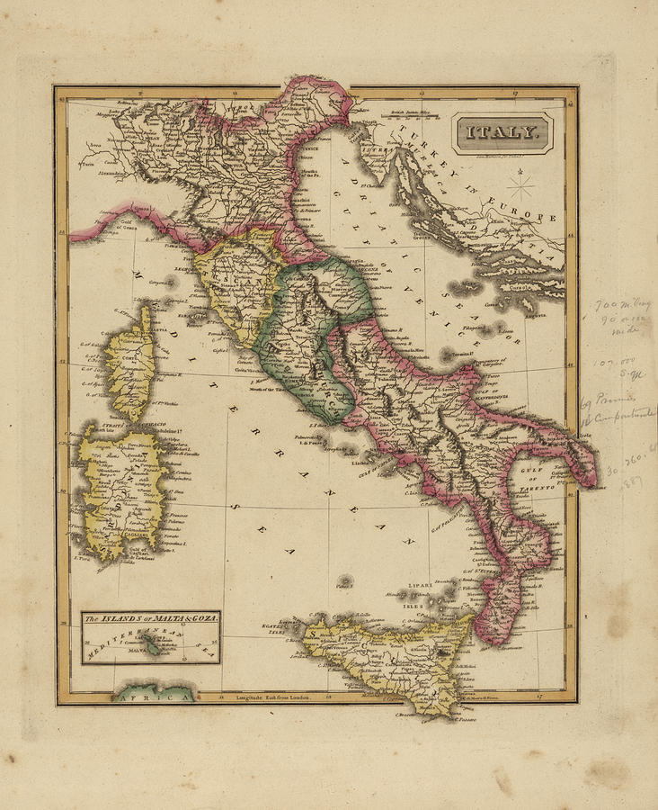 Antique Map Of Italy Painting By Fielding Lucas
