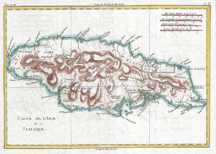 Vintage Map Of Jamaica - 1780 Drawing