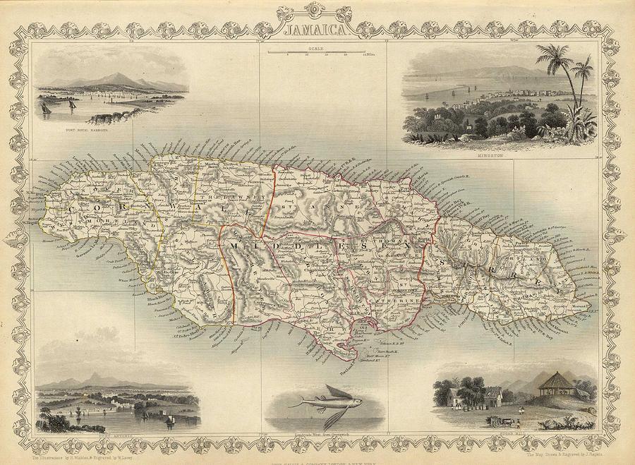 Vintage Map of Jamaica 1851 Drawing by CartographyAssociates