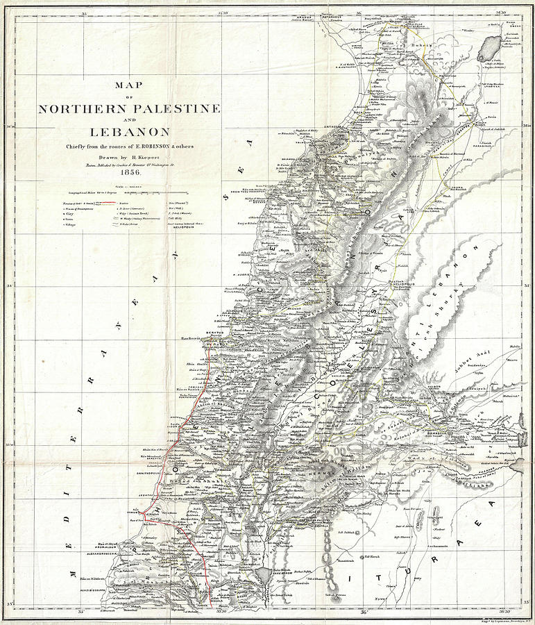 Vintage Map Of Lebanon - 1856 Drawing