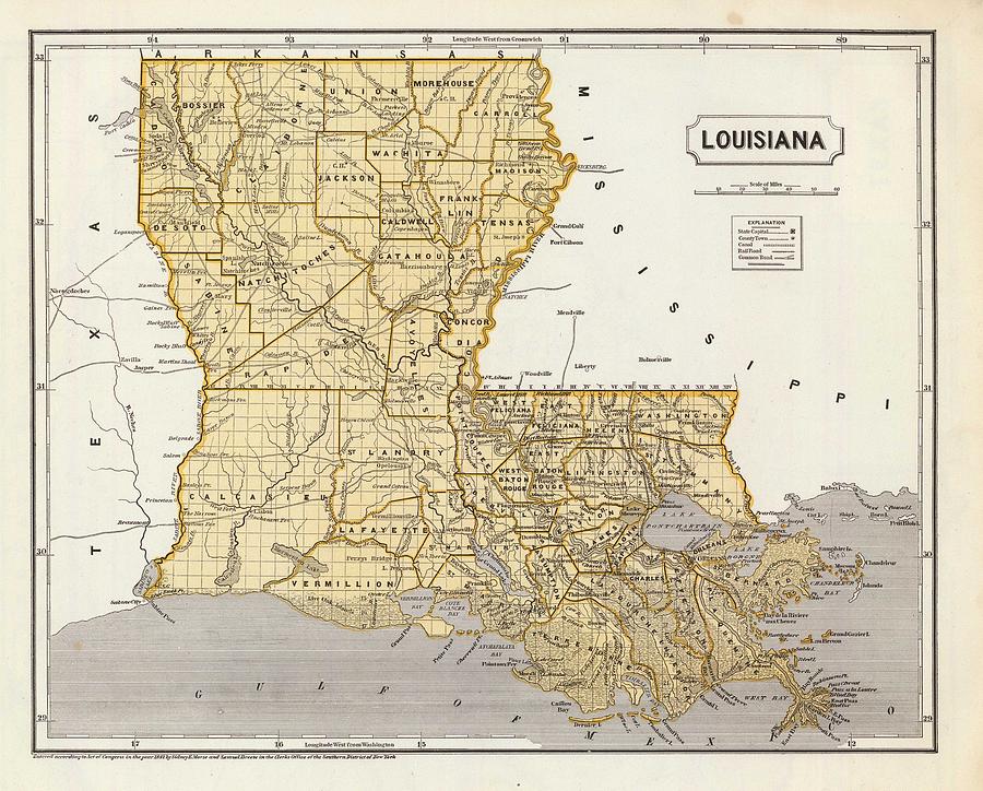 Vintage Map of Louisiana 1845 Drawing by CartographyAssociates Pixels