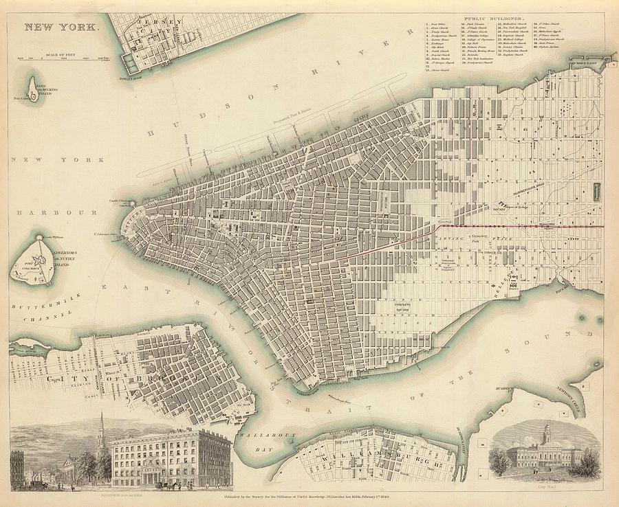 Vintage Map of Lower New York City 1840 Drawing by CartographyAssociates Pixels
