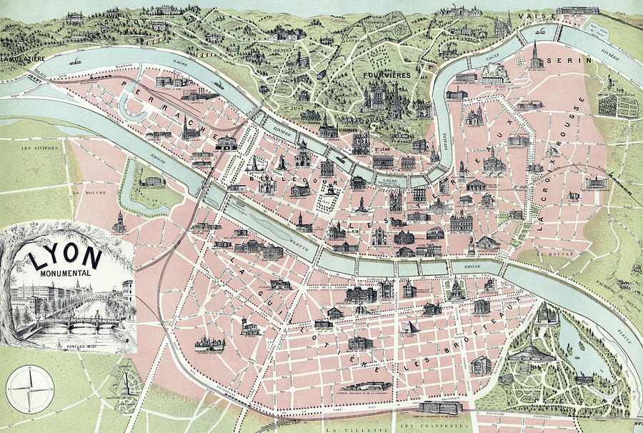 Vintage Map Of Lyon France - 1894 Drawing