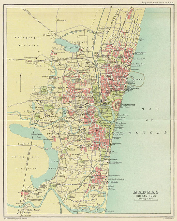 Vintage Map Of Madras India - 1909 Drawing