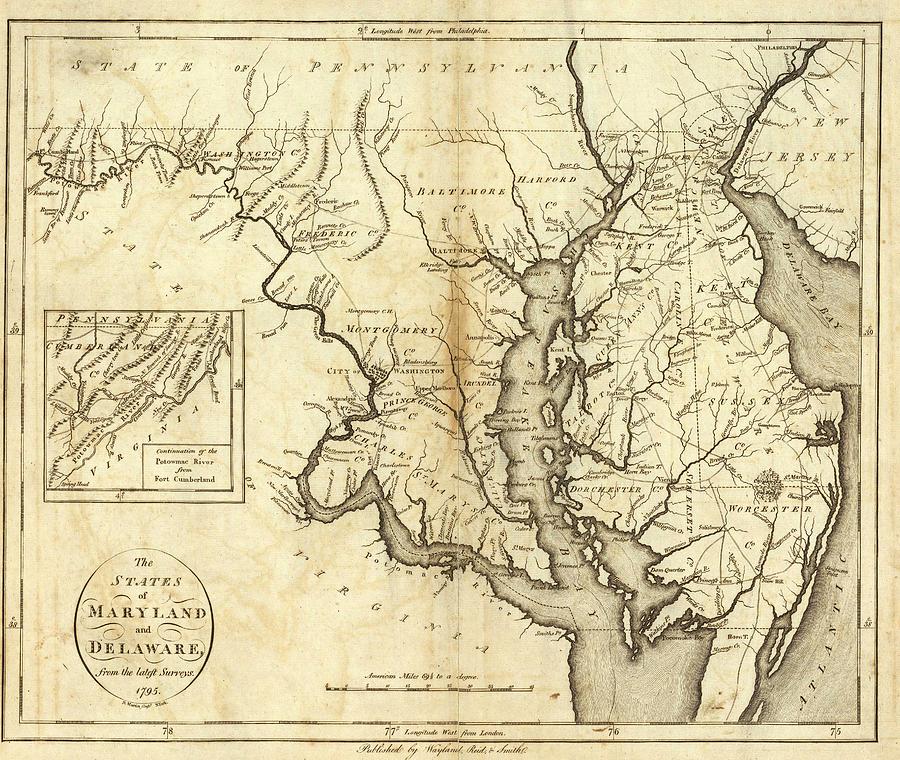 Vintage Map of Maryland 1796 Drawing by CartographyAssociates Fine