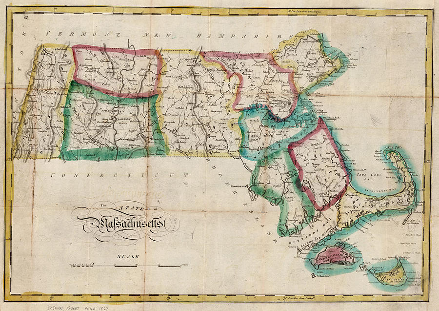 Vintage Map of Massachusetts - 1827 Drawing by CartographyAssociates ...