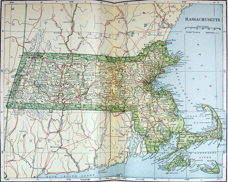 Vintage Map of Massachusetts - 1905 Drawing by CartographyAssociates ...