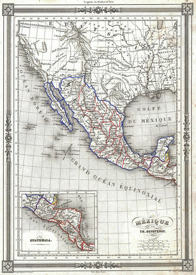 Vintage Map Of Mexico - 1852 Drawing