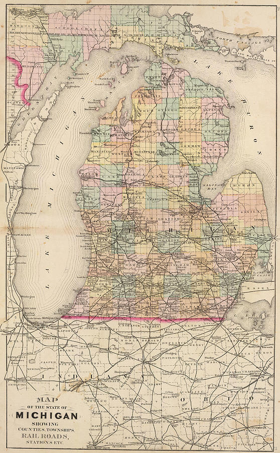 Vintage Map Of Michigan - 1873 Drawing By Cartographyassociates - Fine 