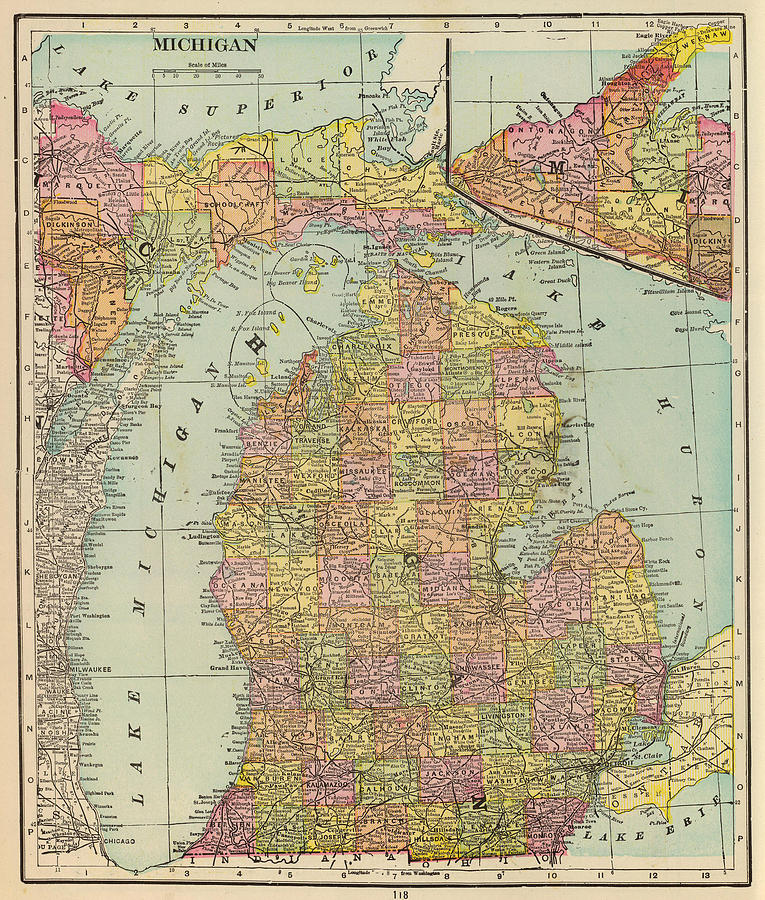 Vintage Map of Michigan - 1909 Drawing by CartographyAssociates - Fine ...