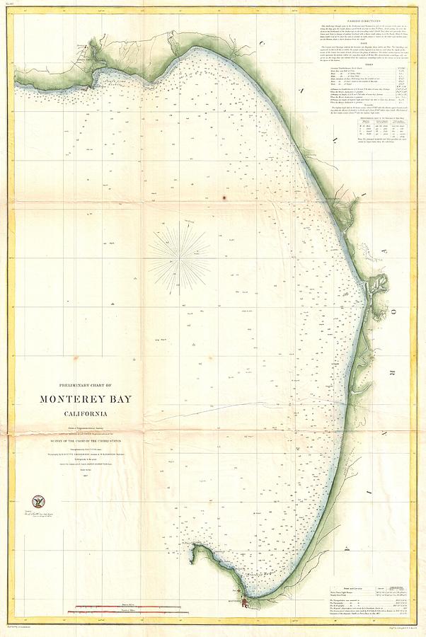 Vintage Map Of Monterey Bay California - 1857 Drawing
