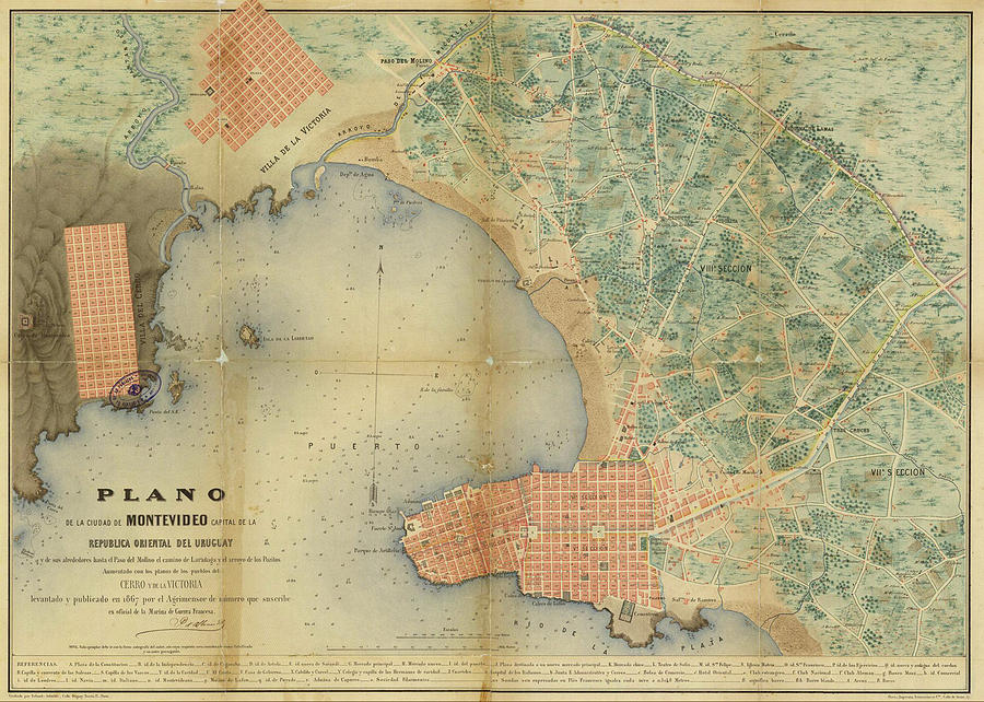 Vintage Map Of Montevideo Uruguay - 1867 Drawing