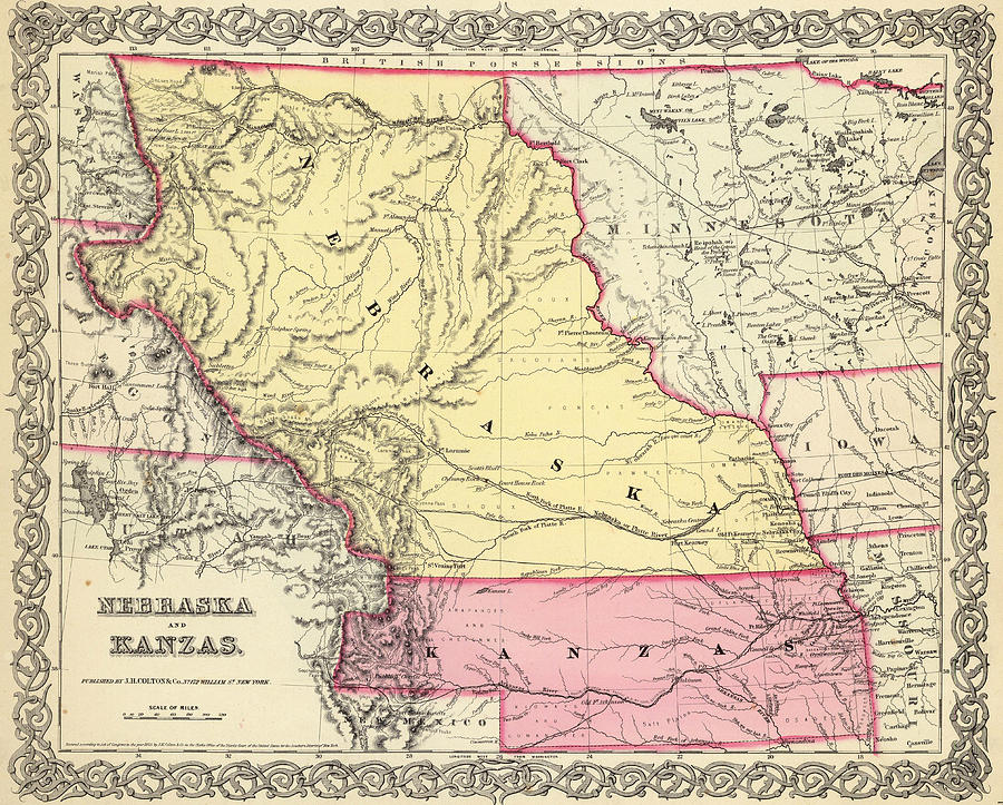 Nebraska Map Drawing - Vintage Map of Nebraska and Kansas - 1856 by CartographyAssociates