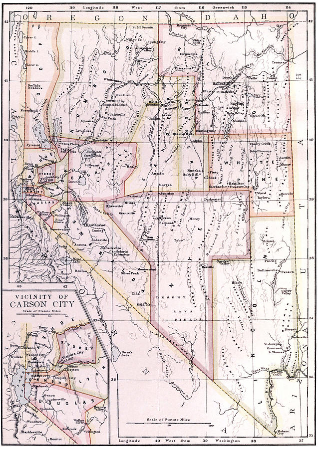 Vintage Map of Nevada - 1884 Drawing by CartographyAssociates - Fine ...