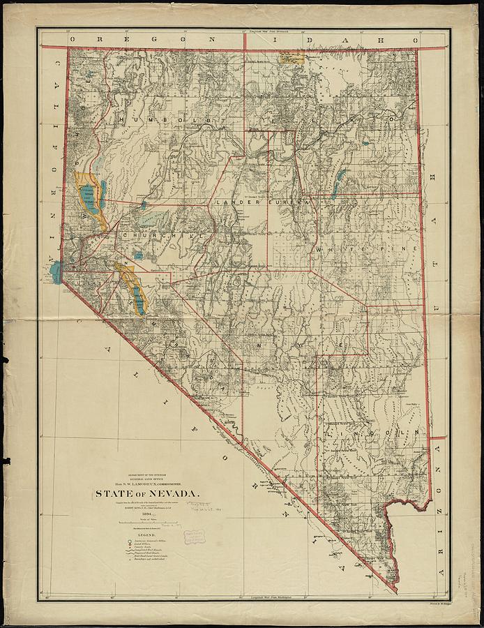 Vintage Map Of Nevada - 1894 Drawing
