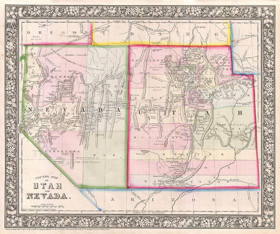 Nevada Map Drawing - Vintage Map of Nevada and Utah  by CartographyAssociates