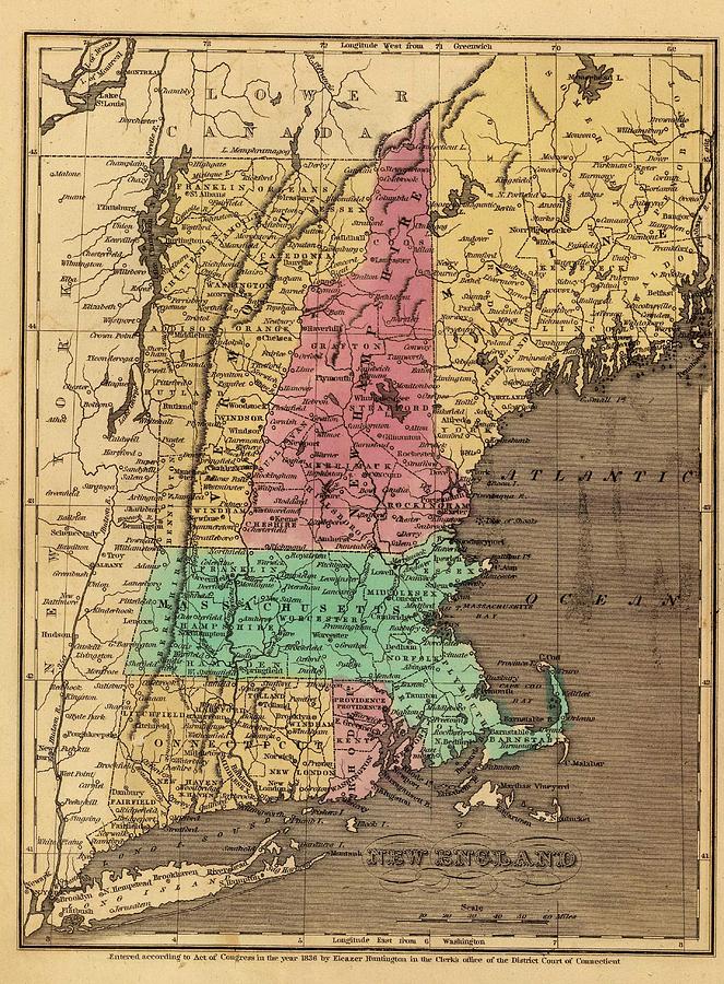 Vintage Map Of New England - 1836 Drawing By Cartographyassociates 