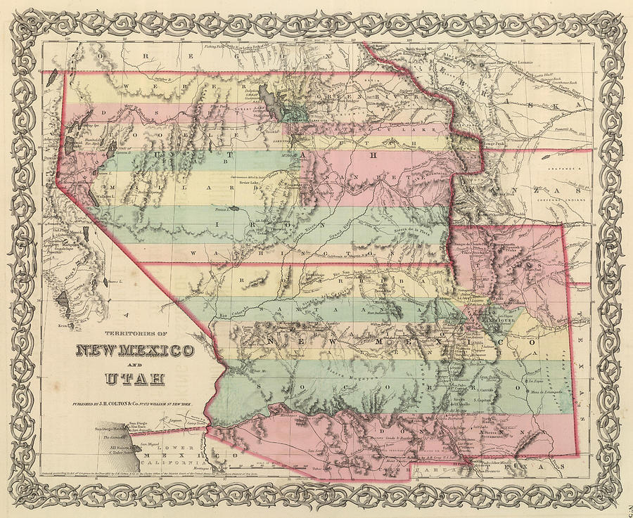 New Mexico Map Drawing - Vintage Map of New Mexico and Utah - 1857 by CartographyAssociates