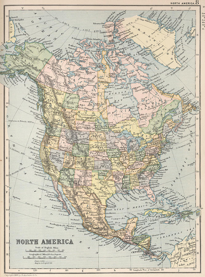 Vintage Map of North America 1892 Drawing by CartographyAssociates