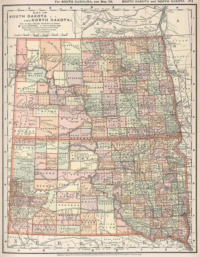 Vintage Map of North and South Dakota - 1891 Drawing by ...