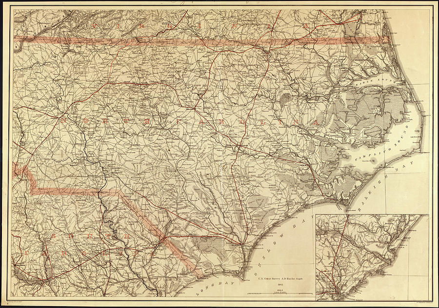 Vintage Map Of North Carolina - 1865 Drawing