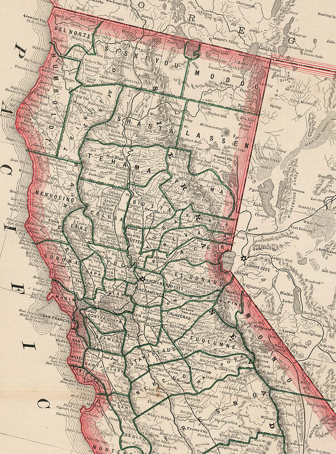Vintage Map Of Northern California - 1883 Drawing