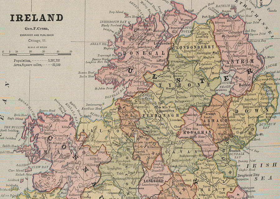 Vintage Map Of Northern Ireland - 1883 Drawing