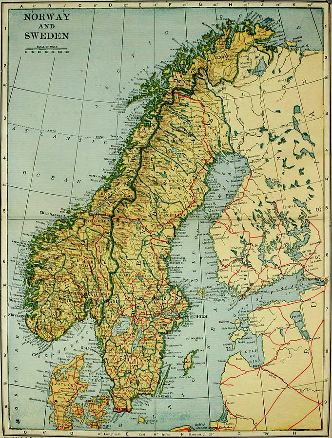 Vintage Map Of Norway And Sweden - 1921 Drawing