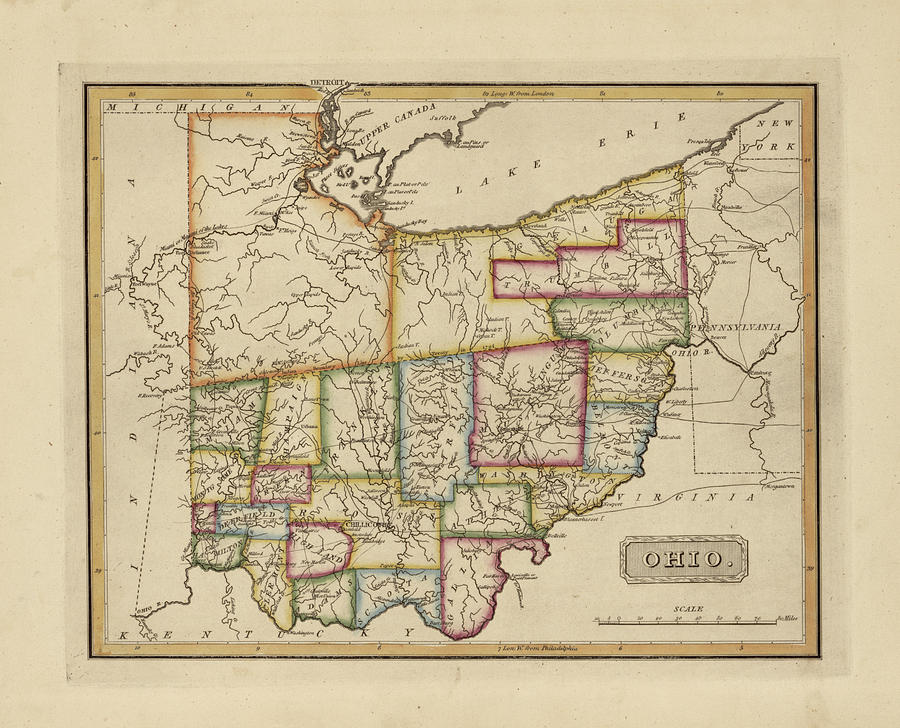 Antique Map of Ohio Painting by Fielding Lucas - Pixels