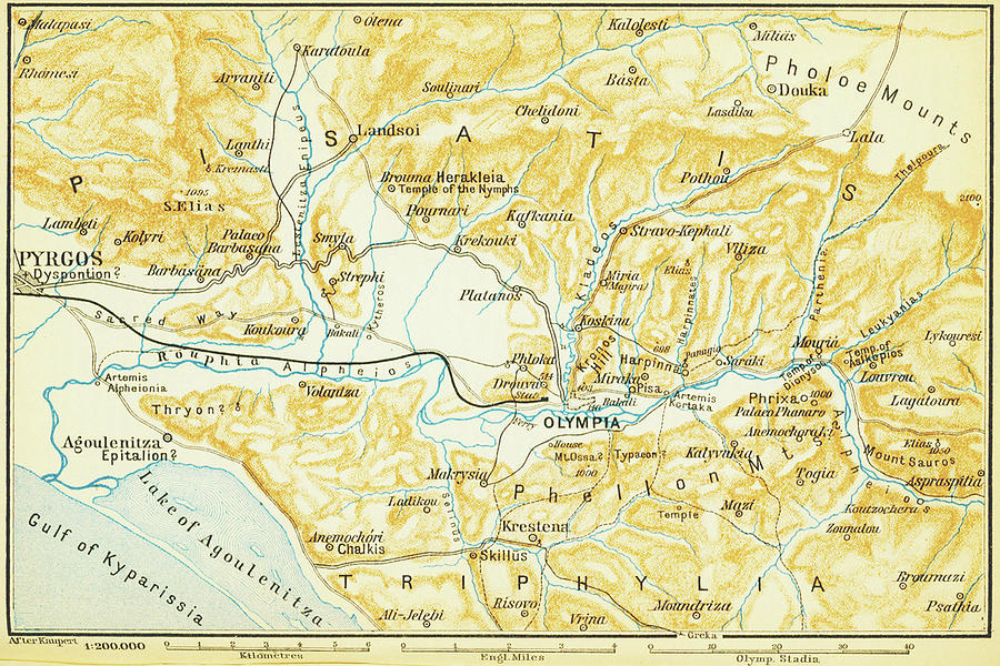Vintage Map Of Olympia Greece - 1894 Drawing