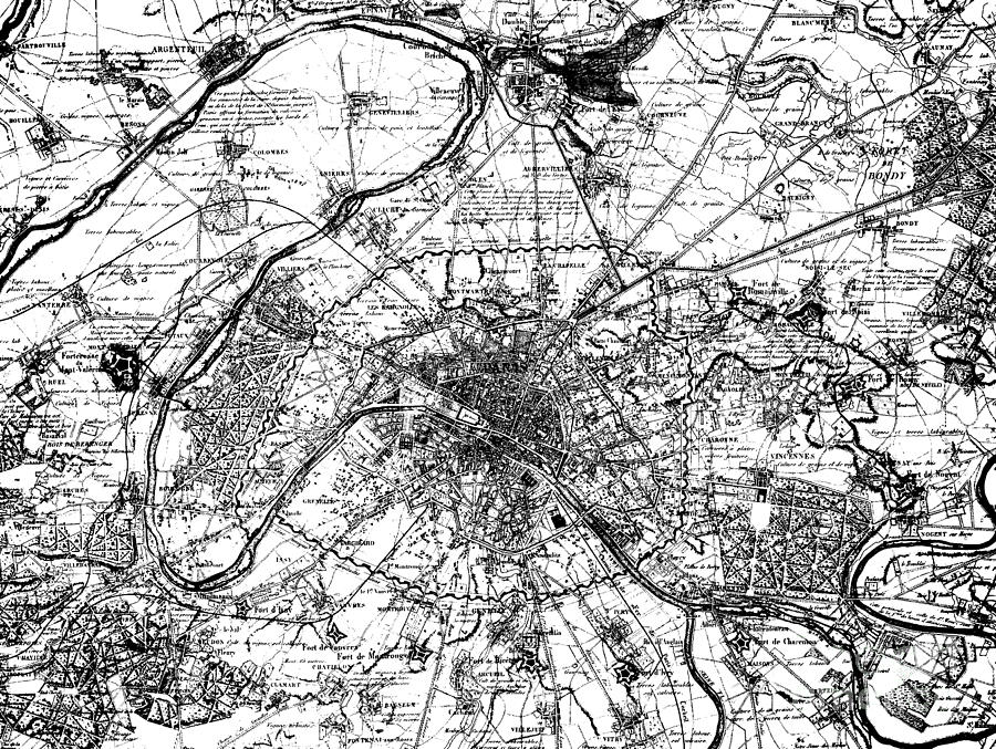 Vintage Map of Paris and the outskirts in 1840 Drawing by French School