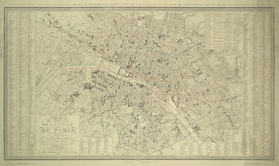 Vintage Map Of Paris France - 1843 Drawing