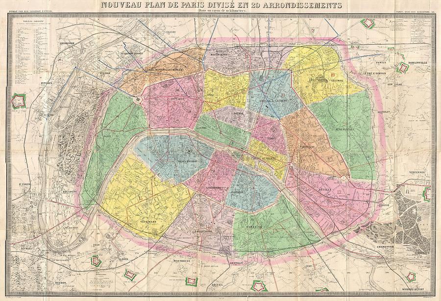 Vintage Map Of Paris France - 1878 Drawing