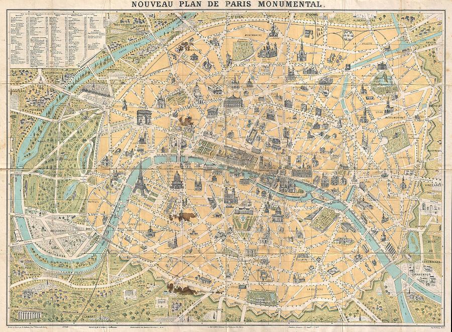 Vintage Map Of Paris France - 1890 Drawing