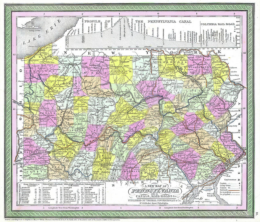 Vintage Map Of Pennsylvania - 1850 Drawing