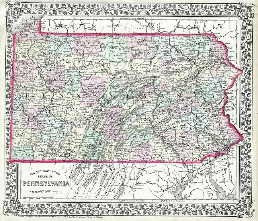 Vintage Map of Pennsylvania - 1874 Drawing by CartographyAssociates ...