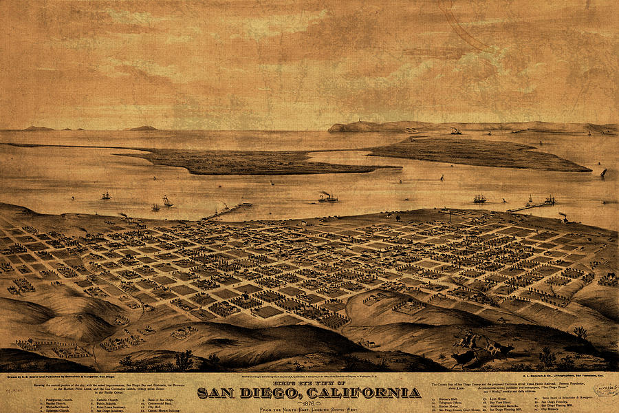 Vintage Mixed Media - Vintage Map of San Diego California Street Map Birds Eye View Schematic by Design Turnpike