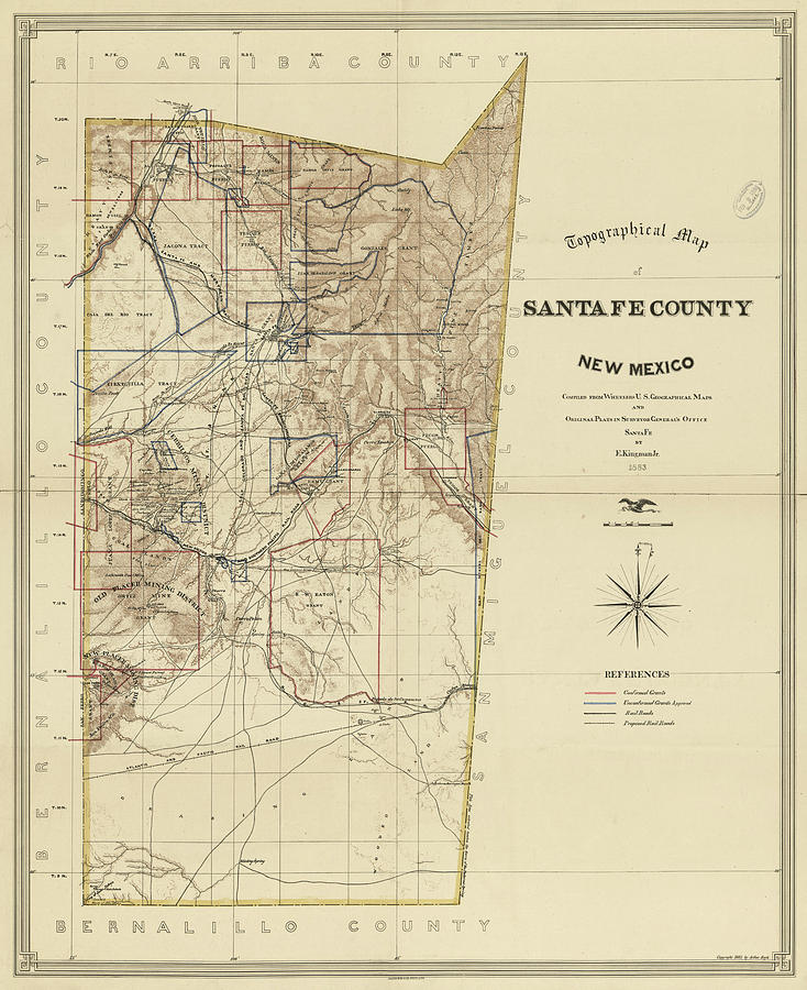 Vintage Map Of Santa Fe County Nm - 1883 Drawing