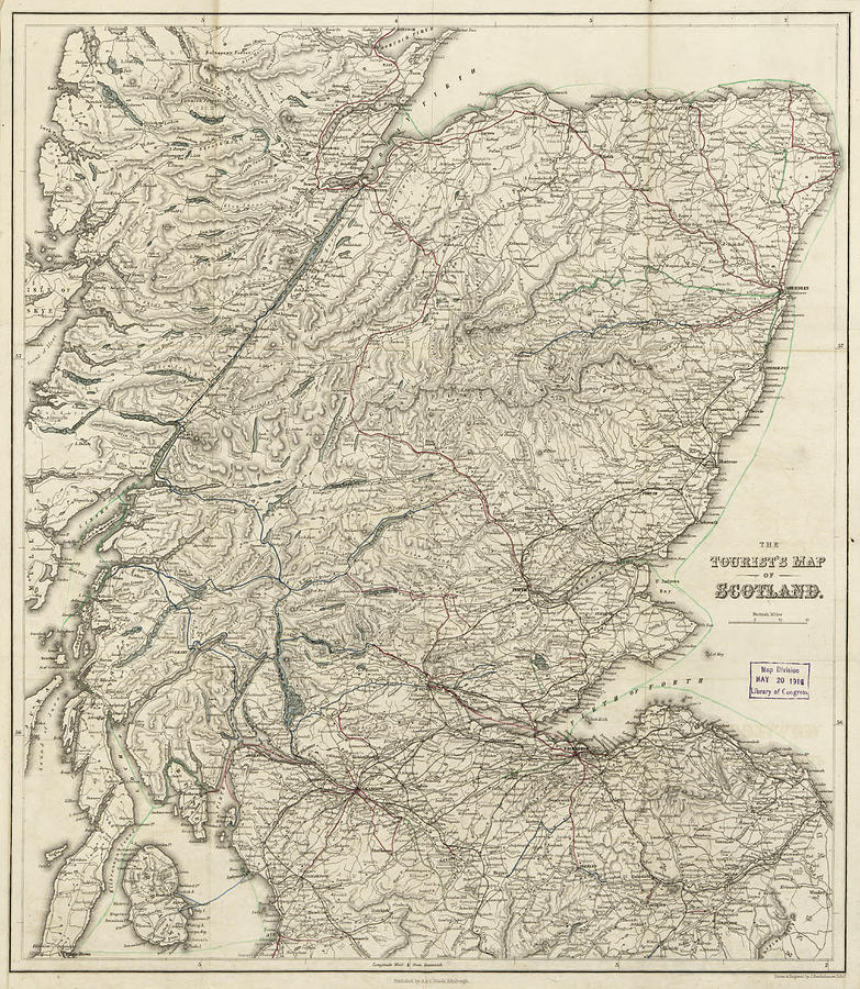Vintage Map Of Scotland - 1855 Drawing