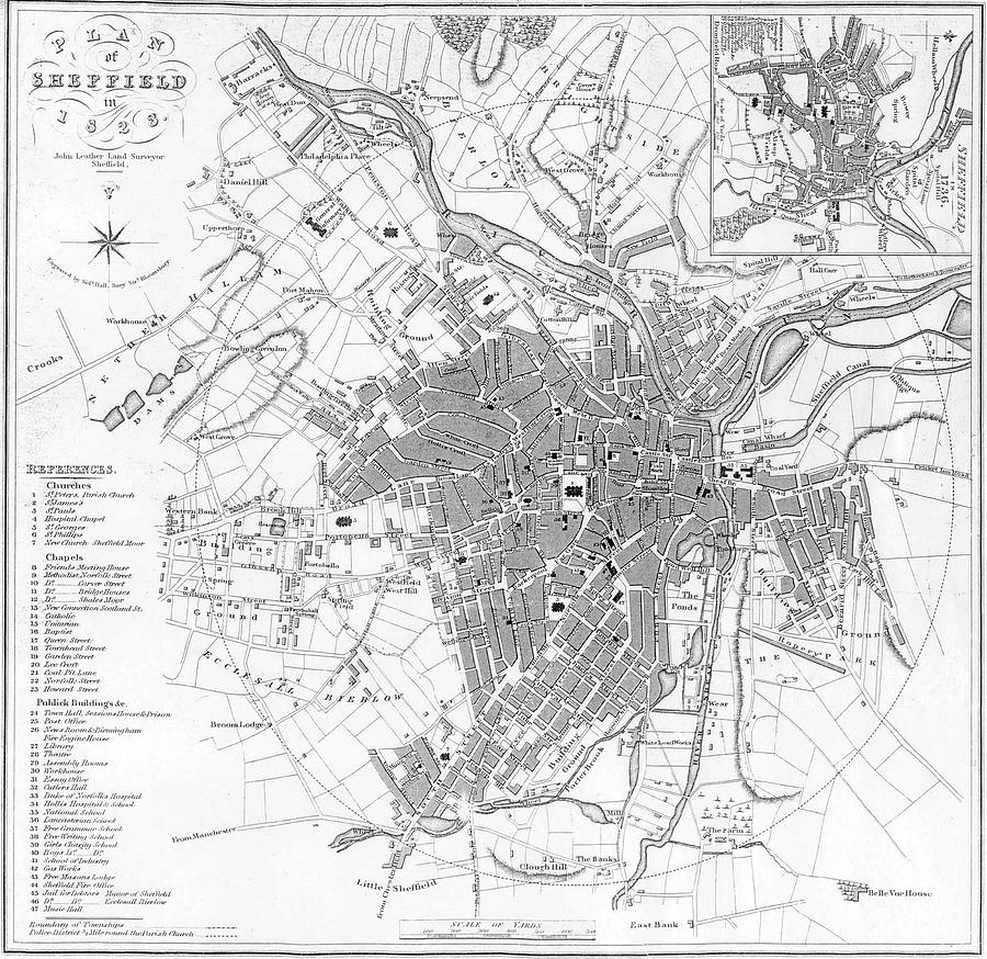 Vintage Map Of Sheffield England - 1823 Drawing