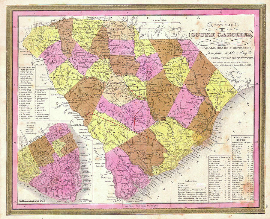 Vintage Map of South Carolina 1846 Drawing by CartographyAssociates