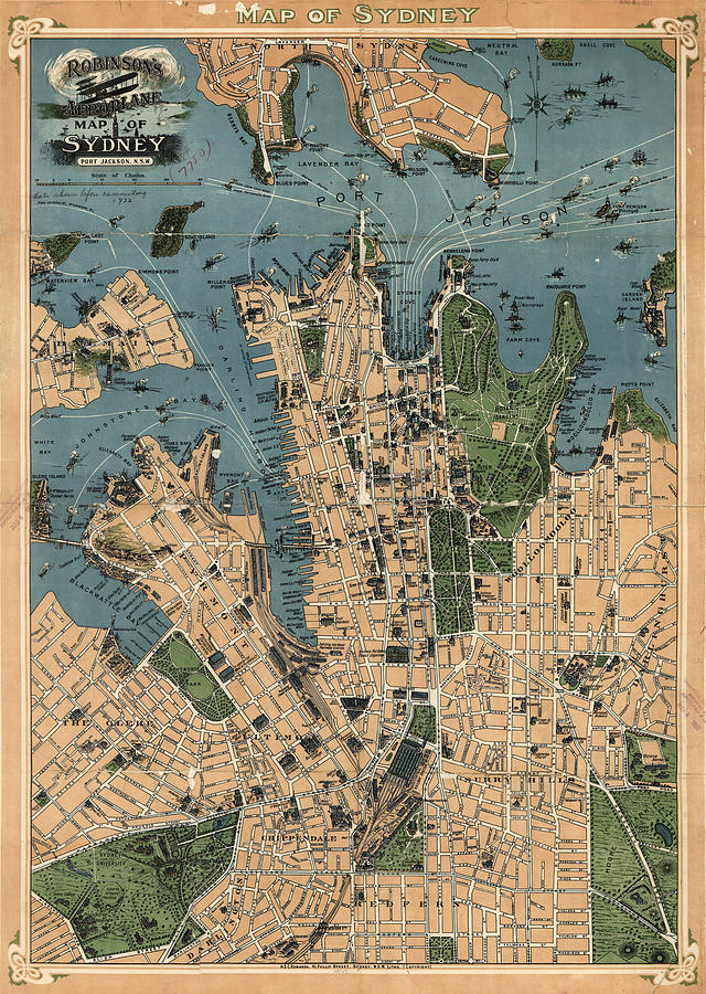 Sydney Drawing - Vintage Map of Sydney Australia - 1922 by CartographyAssociates