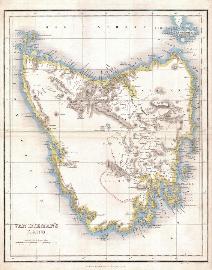 Vintage Map Of Tasmania - 1837 Drawing