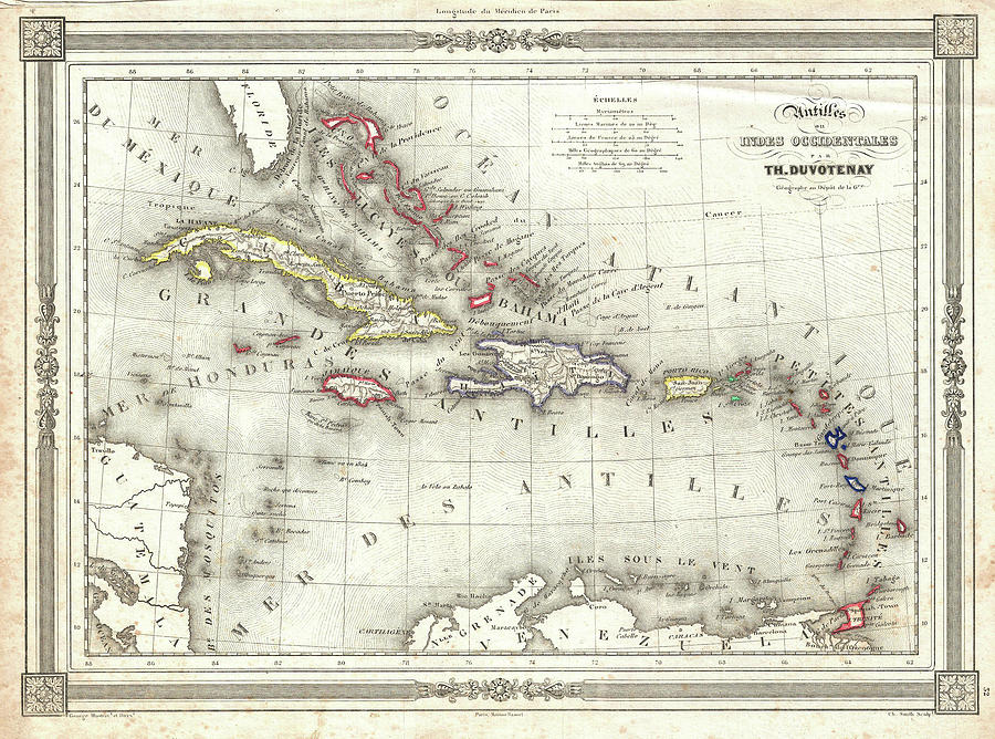 Vintage Map Of The Caribbean - 1852 Drawing