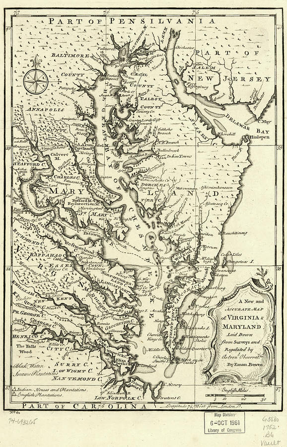 Vintage Map of The Chesapeake Bay 1752 Drawing by