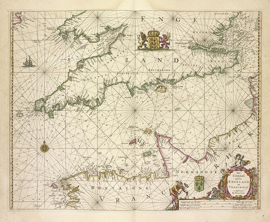 Vintage Map Of The English Channel - 1672 Drawing