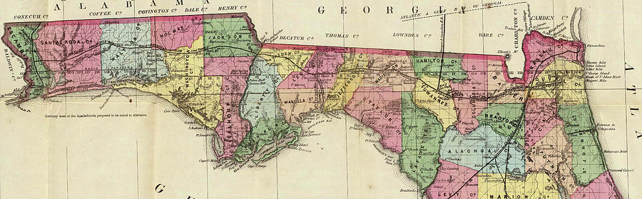 Vintage Map Of The Florida Panhandle - 1870 Drawing