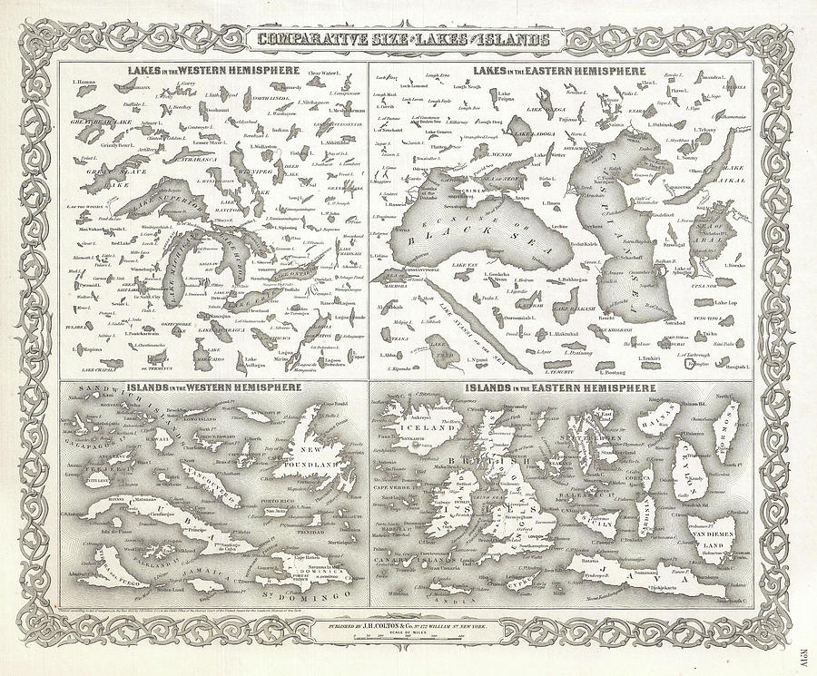 Vintage Map Of The Lakes And Islands Of The World Drawing