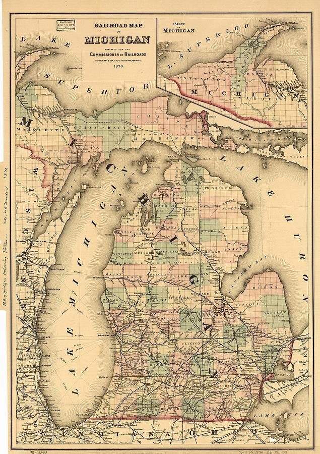 Vintage Map of The Michigan Railroads - 1876 Drawing by 