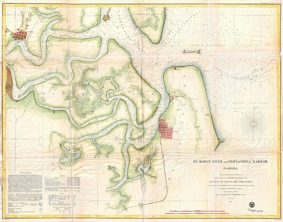 Vintage Map Of The St Marys River - Fl/ga - 1857 Drawing